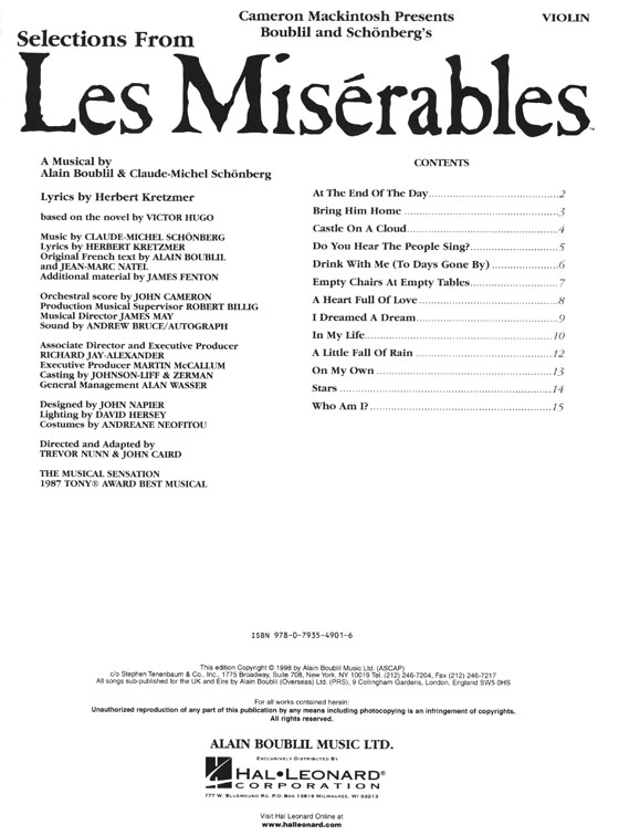 Selections from Les Misérables for Violin