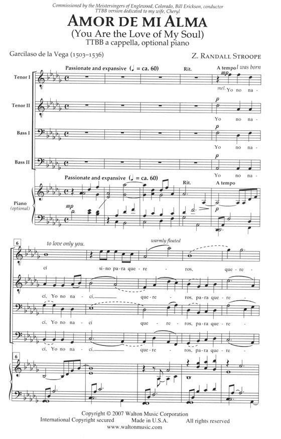 Amor de Mi Alma TTBB Chorus, with Optional Piano