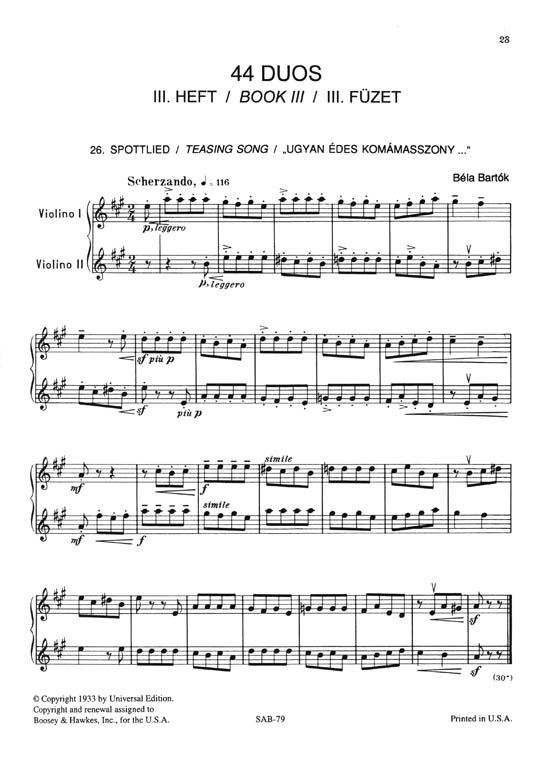 Bela Bartok【44 Duets , VolumeⅡ, No. 26-44 】for Two Violins