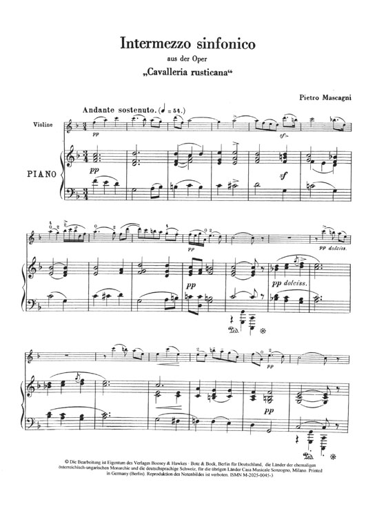 Pietro Mascagni Intermezzo Sinfonico aus "Cavalleria Rusticana" für Violine und Klavier