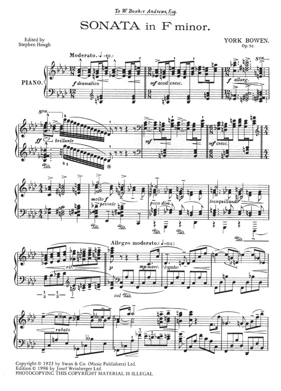 York Bowen Sonata in F Minor, Op. 72 for Piano Solo