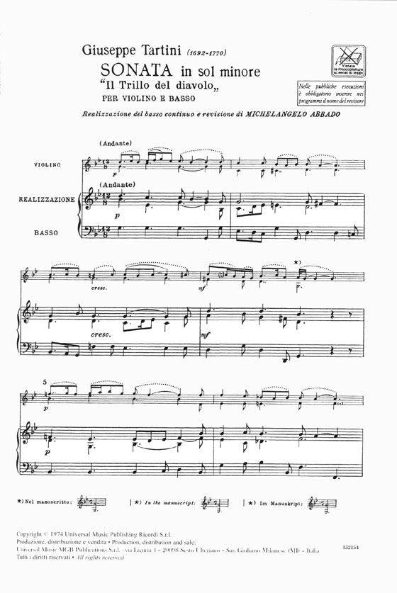 G. Tartini Sonata in Sol Minore "Il Trillo Del Diavolo" Per Violino e Basso