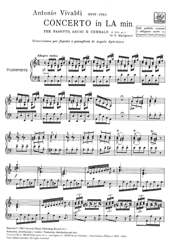 A. Vivaldi Concerto in la minore F. Ⅷ, 7, RV 497 Riduzione per Fagotto e Pianoforte