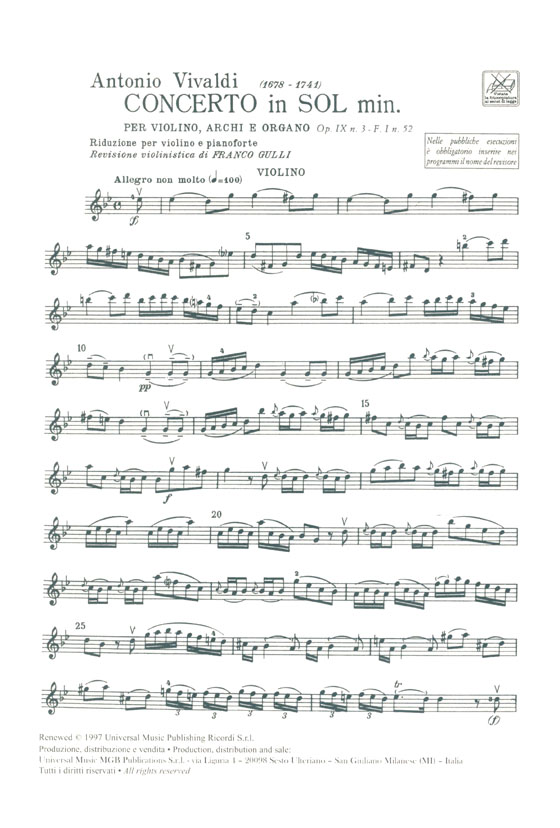 Antonio Vivaldi Concerto in Sol Minore Op. Ⅸ. 3-F I, 52 Riduzione per Violino e Pianoforte