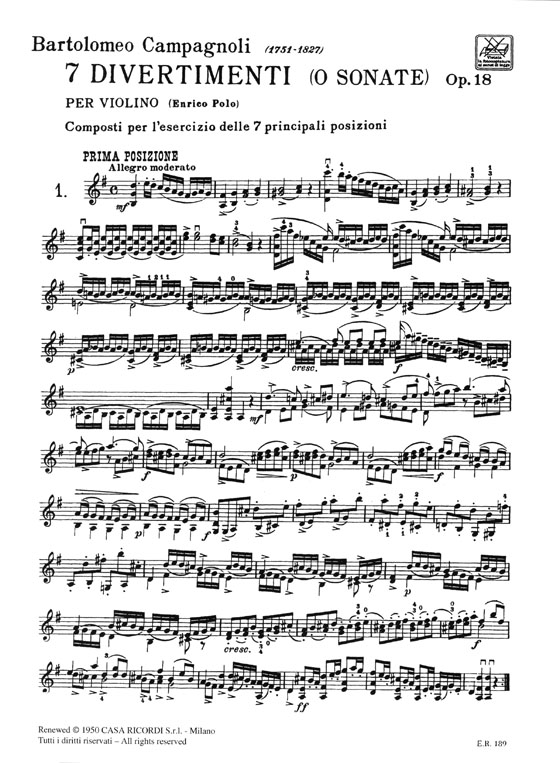 Campagnoli 7 Divertimenti o Sonate, Op. 18 per Violino