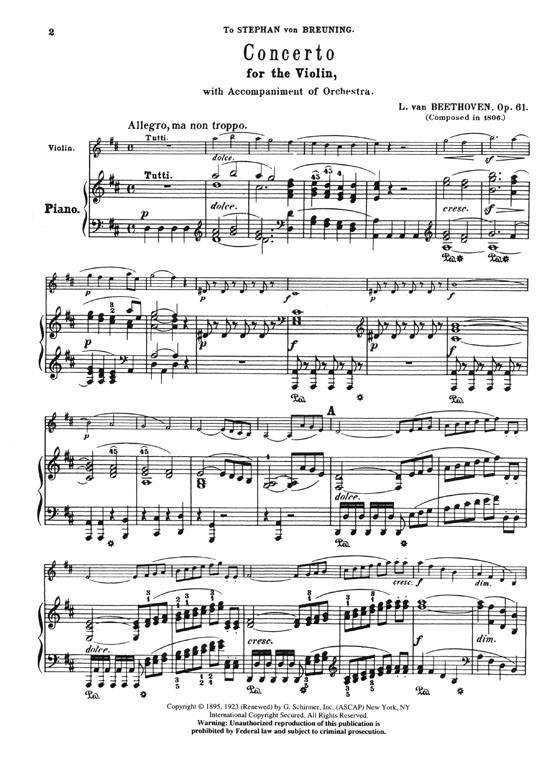 Beethoven Concerto in D Op. 61 for Violin and Piano