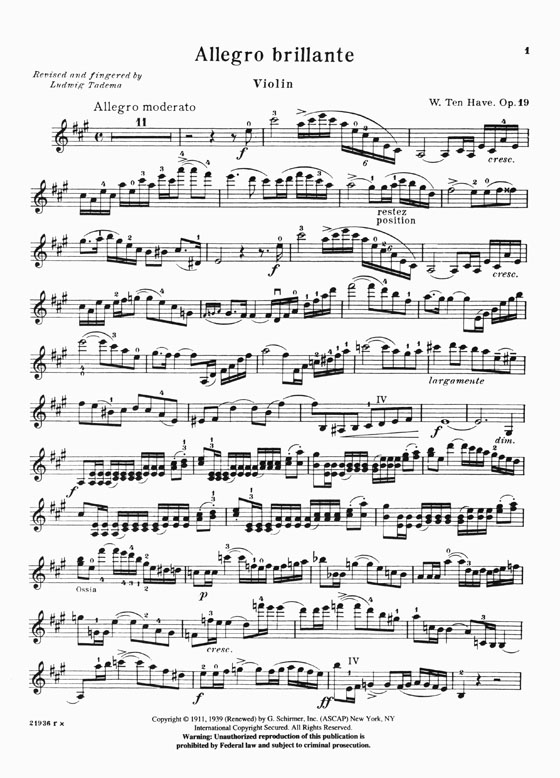 Ten Have Allegro Brillante Op. 19 for Violin and Piano