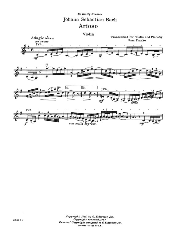 Johann Sebastian Bach Arioso for Violin or Violoncello and Piano