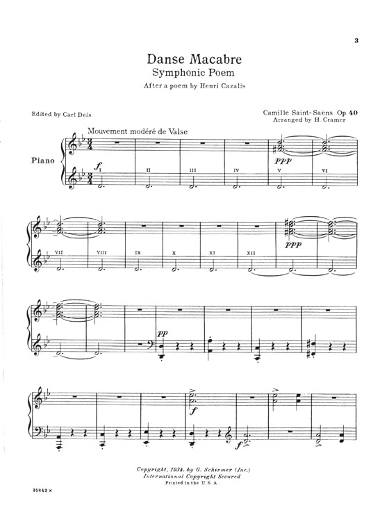 Saint-Saëns Danse Macabre Symphonic Poem arranged for Piano by H. Cramer