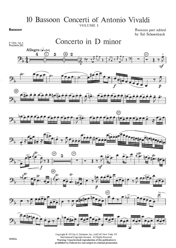 Antonio Vivaldi 10 Bassoon Concerti for Bassoon and Piano Volume 1