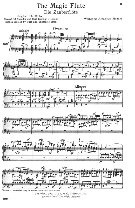 Wolfgang Amadeus Mozart The Magic Flute G. Schirmer Opera Score Editions