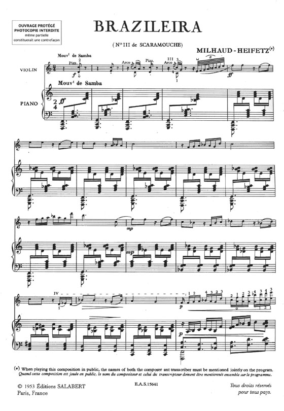 Darius Milhaud Braziliera No. 3 de 《Scaramouche》 pour Violon & Piano