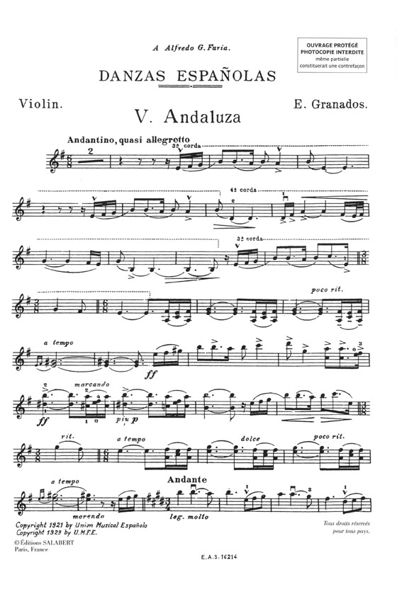 Enrique Granados Andaluza No. 5 des 《Danzas Españolas》 pour Violon & Piano