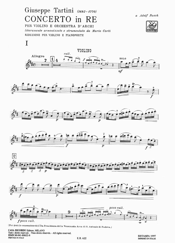 Tartini Concerto in D for Violin and String Orchestra Arrangement for Violin and Piano