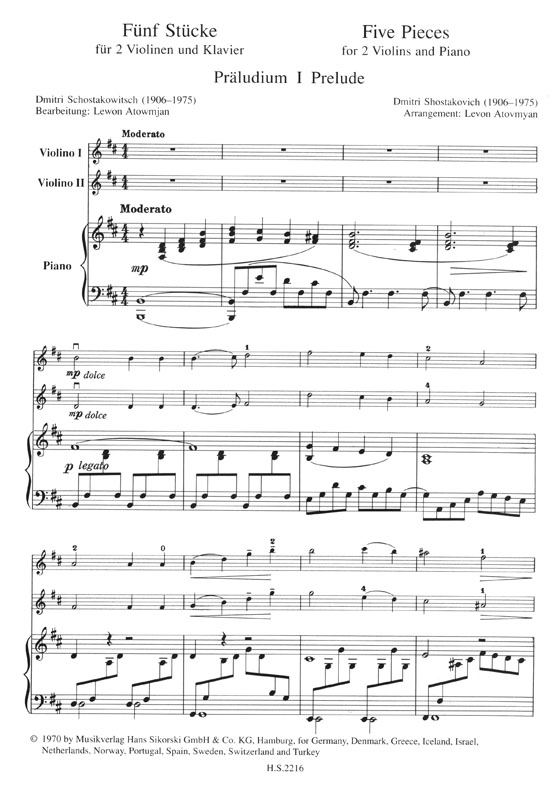 Dmitri Shostakovich Five Pieces for 2 Violins and Piano