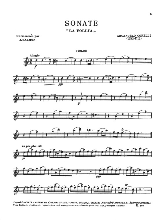 Arcangelo Corelli Sonate "La Follia" Harmonisée pour Violon avec Accompagnement de Piano par J. Salmon