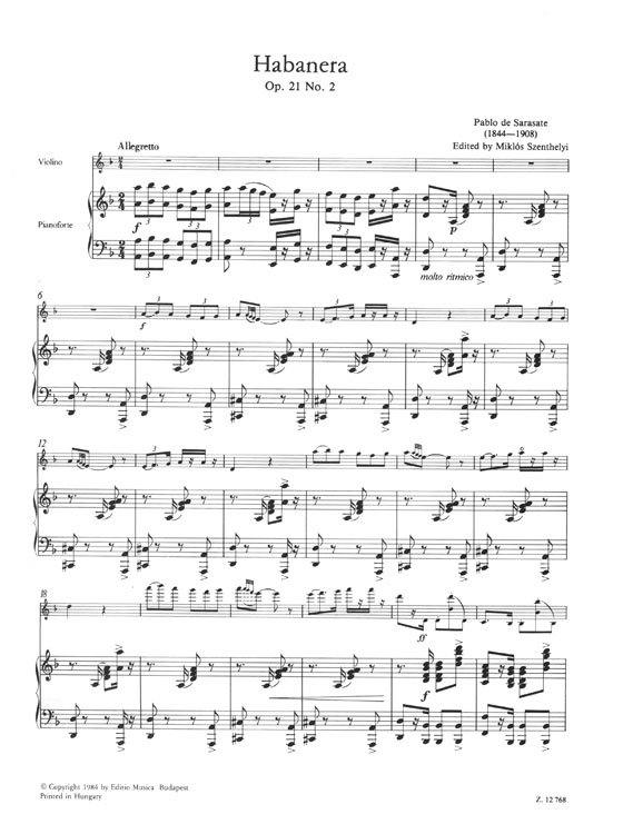 Sarasate Spanish Dances for Violin with Piano Accompaniment 2: Habanera