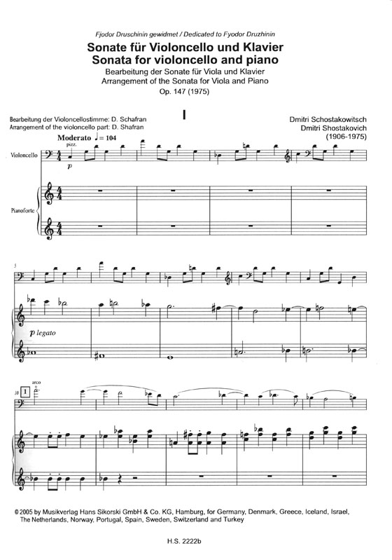 Shostakovich Sonata Op. 147 for Violoncello and Piano