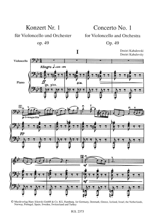 Dmitri Kabalevsky【Concerto No. 1, Op. 49】for Cello and Piano Reduction