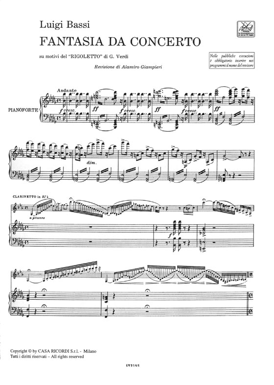 Luigi Bassi Fantasia Da Concerto su Motivi del "Rigoletto" di Giuseppe Verdi Per Clarinetto e Pianoforte