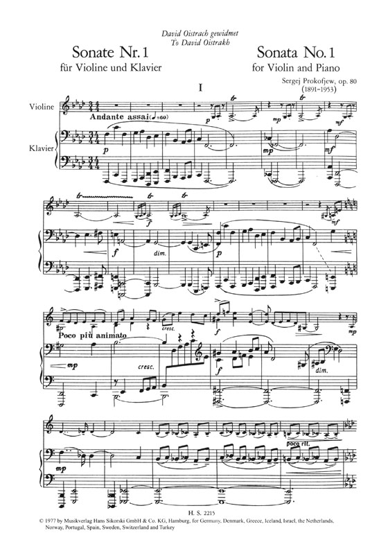 Sergei Prokofiev Sonata No. 1 Op. 80 for Violin and Piano