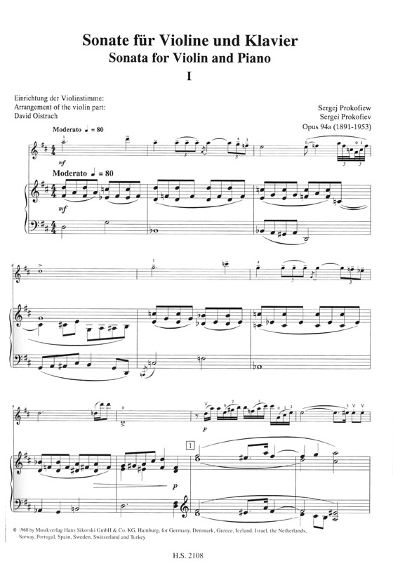 Sergei Prokofiev Sonata No. 2 Opus 94a for Violin and Piano