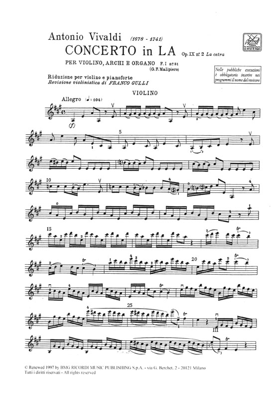 A. Vivaldi Concerto in La Op. Ⅸ. n. 2 La cetra per Violino, Archi e Organo F. I, n. 51 Riduzione per Violino e Pianoforte
