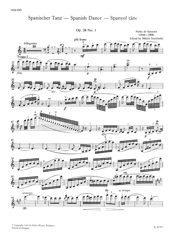 Sarasate Spanish Dances for Violin with Piano Accompaniment 7: Op. 26 No. 1