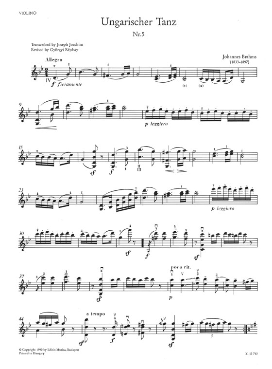 Brahms Ungarischer Tanz Nr. 5 für Violine und Klavier