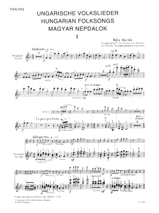 Bartók-Országh Hungarian Folksongs for Violin and Piano