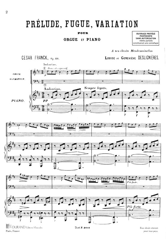 César Franck Prélude, Fugue et Variation Opus 18 pour Orgue-harmonium & Piano ou Deux Pianos