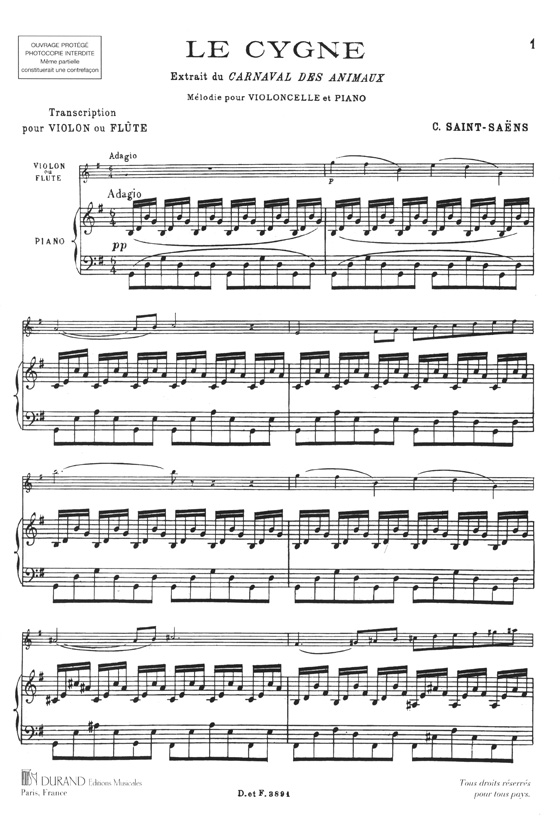 Camille Saint-Saëns Le Cygne extrait du 《Carnaval des animaux》 pour Violon (ou Flûte) & Piano