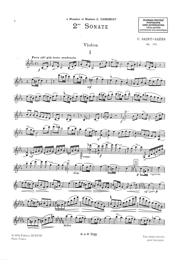 Camille Saint-Saëns Deuxiéme Sonate Opus 102 pour Violon & Piano