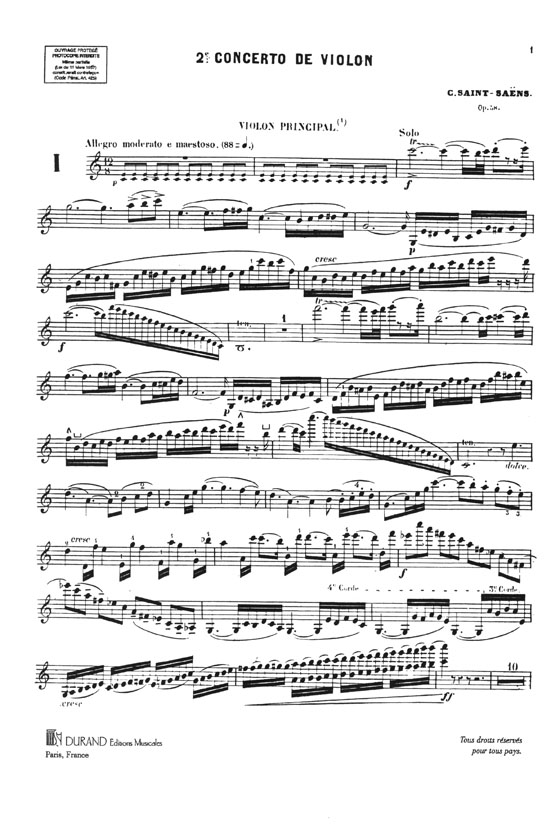 Saint-Saëns Deuxième Concerto en ut Majeur Opus 58 pour Violon et Piano