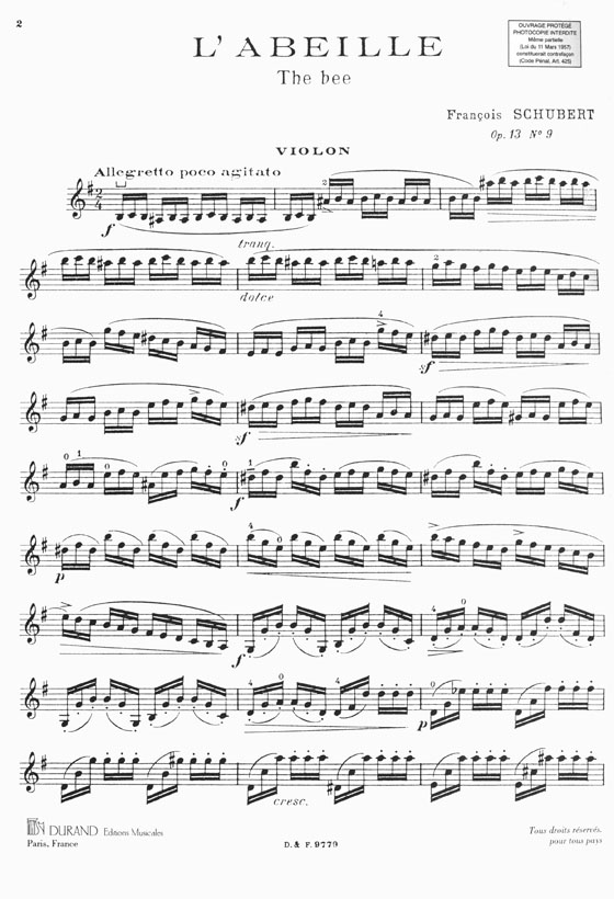 Franz Schubert L'abeille (The Bee) Opus 13 No. 9 pour Violon et Piano