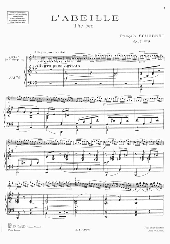 Franz Schubert L'abeille (The Bee) Opus 13 No. 9 pour Violon et Piano