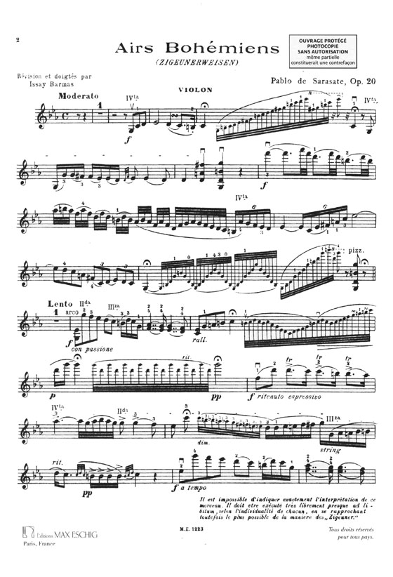 Pablo de Sarasate Airs Bohémiens (Zigeunerweisen) pour Violon & Piano