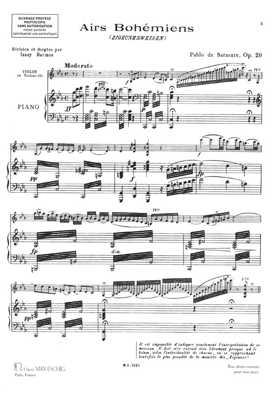 Pablo de Sarasate Airs Bohémiens (Zigeunerweisen) pour Violon & Piano