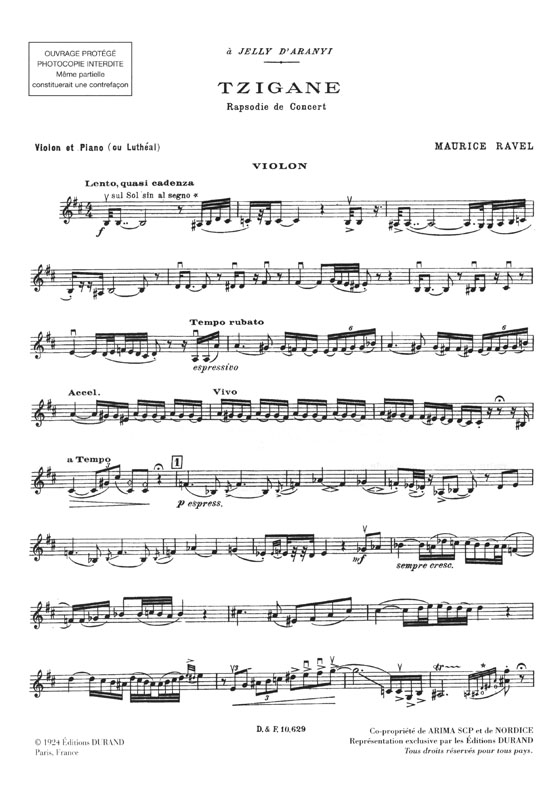 Maurice Ravel Tzigane Rapsodie de Concert pour Violon & Piano
