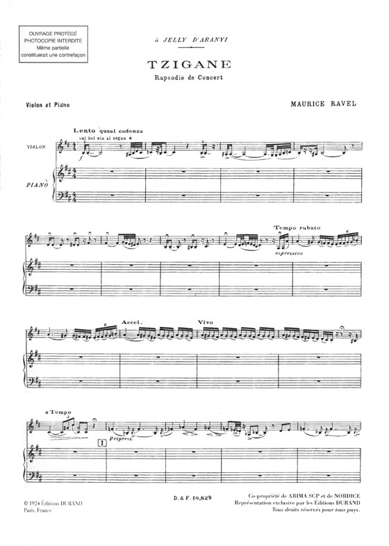 Maurice Ravel Tzigane Rapsodie de Concert pour Violon & Piano