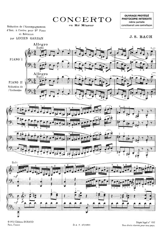 Johann Sebastian Bach Concerto en Ré Mineur Réduction pour Deux Pianos par Lucien Garban