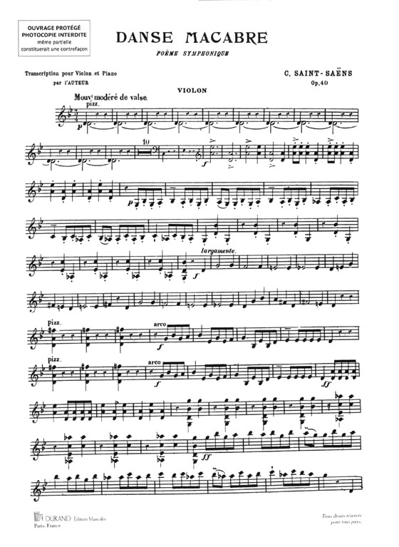 Saint-Saëns Danse Macabre Poème Symphonique Opus 40 pour Violon & Piano