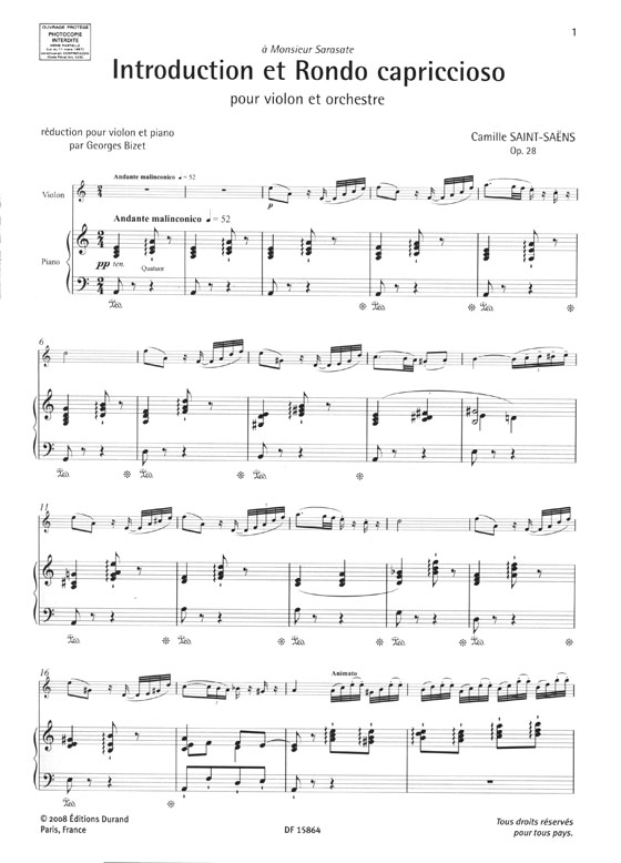 Saint-Saëns Introduction et Rondo Capriccioso pour Violon et Orchestre Opus 28 Violin and Piano Score