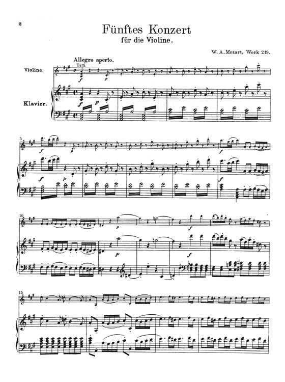 Mozart Concerto No. 5 in A Major, K. 219 for Violin and Piano