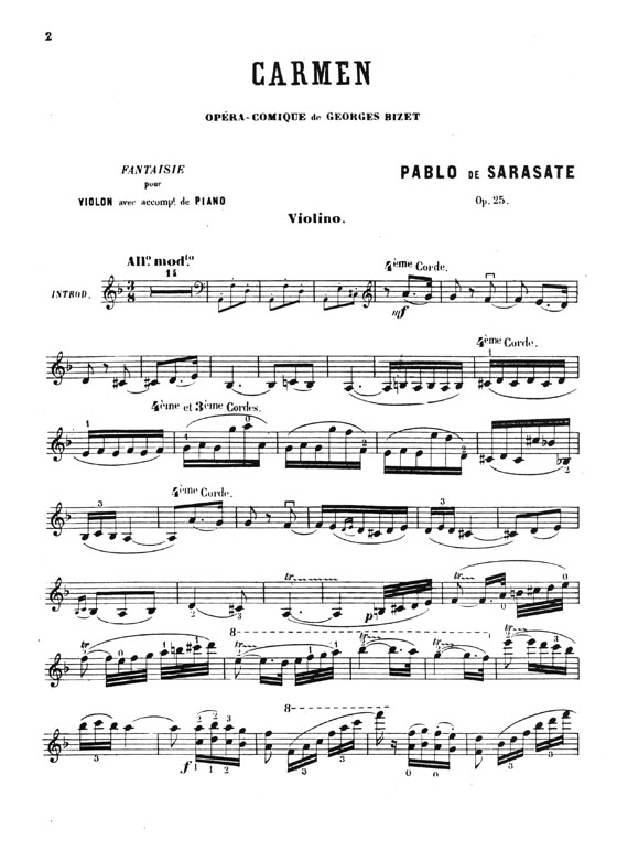 Sarasate Carmen Fantasy Opus 25 for Violin and Piano