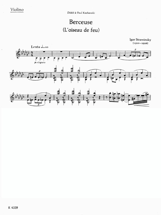 Stravinsky Berceuse from the Firebird Ballet Transcribed by the Composer for Violin and Piano