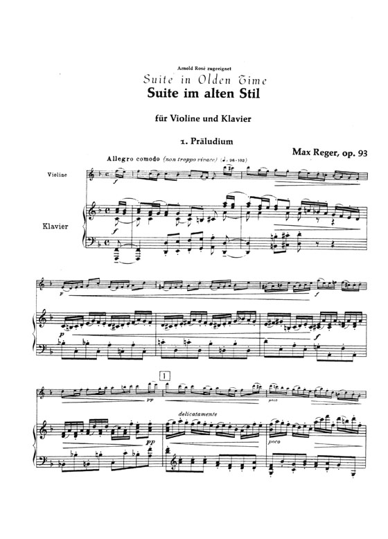 Reger Suite in Olden Time Opus 93 for Violin and Piano