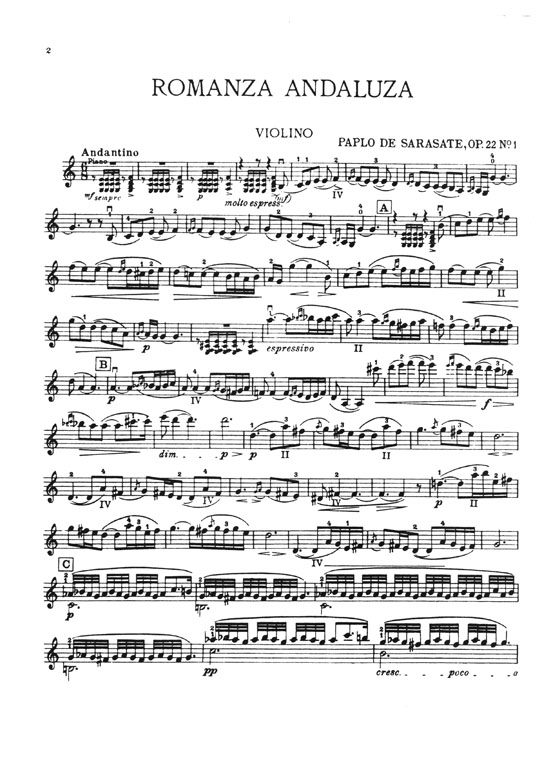 Sarasate Spanish Dances Romanza Andaluza Opus 22 No. 1 Urtext Edition for Violin and Piano