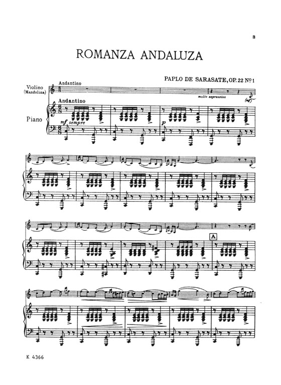 Sarasate Spanish Dances Romanza Andaluza Opus 22 No. 1 Urtext Edition for Violin and Piano