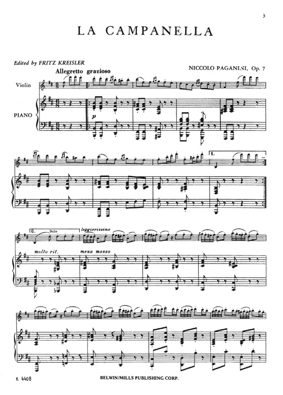 Paganini La Campanella from Concerto No. 2, Op. 7 Edited by Fritz Kreisler for Violin and Piano